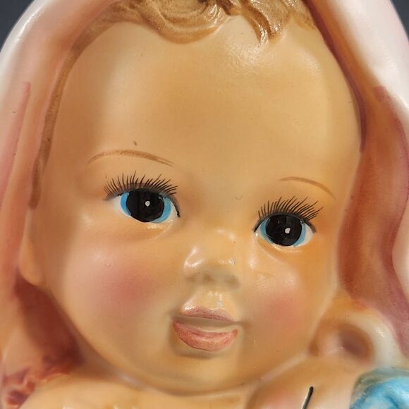 Enesco Baby Head Vase Teddy Bear Pink 1960 Big Eyes Porcelain Planter Kitsch VTG - Picture 8 of 10